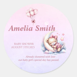 Roze Wolken Sterren Teddybeer op Moon Baby shower Ronde Sticker