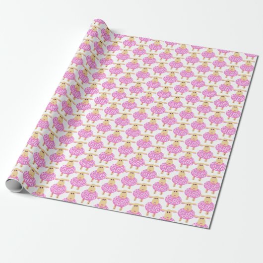 Roze wollig lamsvlees baby giftwrap cadeaupapier (Uitgerold)