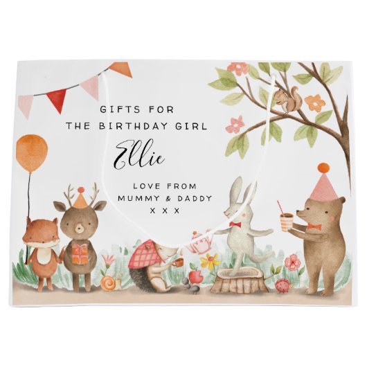 Roze Woodland Animals Party Gift Bag Groot Cadeauzakje (Voorkant)