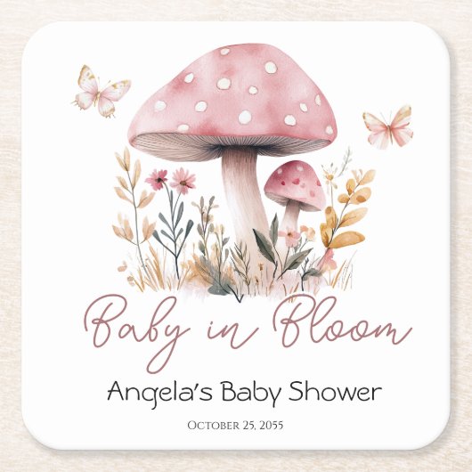 Roze Woodland Mushroom Baby shower Papier Onderzet Kartonnen Onderzetters (Voorkant)