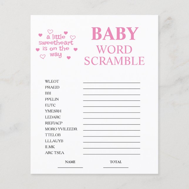 Roze Word Scramble Baby shower spel (Voorkant)