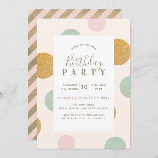 Roze x Gouden Polka Dot Verjaardagsfeestje Uitnodi Feestdagenkaart (Voorkant / Achterkant)