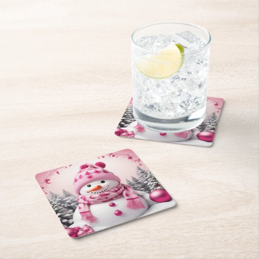  roze Xmas Sneeuwman Kartonnen Onderzetters (Insitu)
