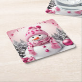 roze Xmas Sneeuwman Kartonnen Onderzetters (Schuin)