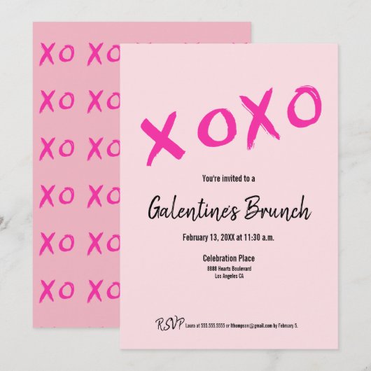 Roze XOXO Chic Galentine's Brunch Party Kaart (Voorkant / Achterkant)