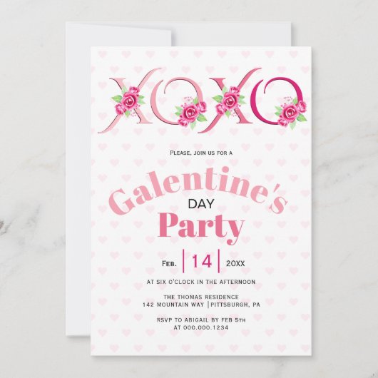 Roze XOXO en rozen Galentines Day party Kaart (Voorkant)