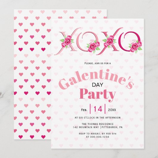 Roze XOXO en rozen Galentines Day party Kaart (Voorkant / Achterkant)