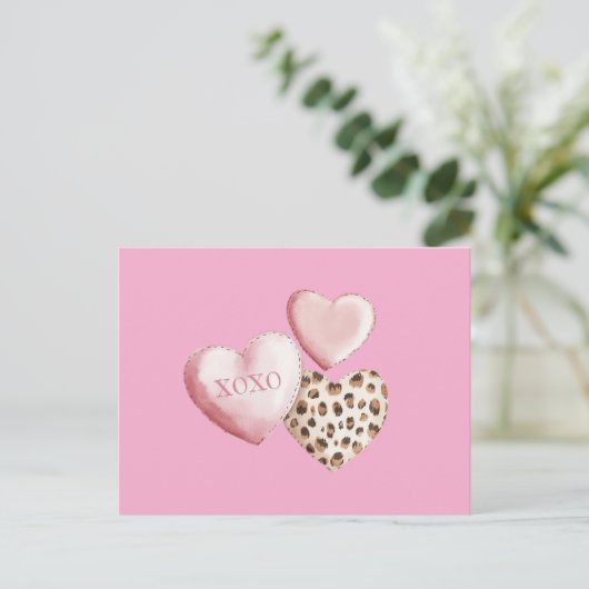 Roze XOXO Leopard Print Hearts Briefkaart (Staand voorkant)