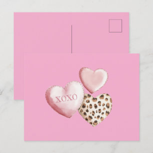 Roze XOXO Leopard Print Hearts Briefkaart