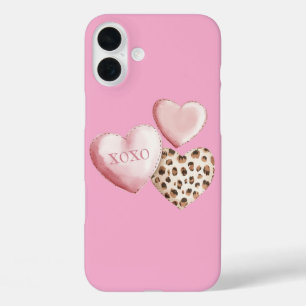 Roze XOXO Leopard Print Hearts iPhone 16 Plus Hoesje