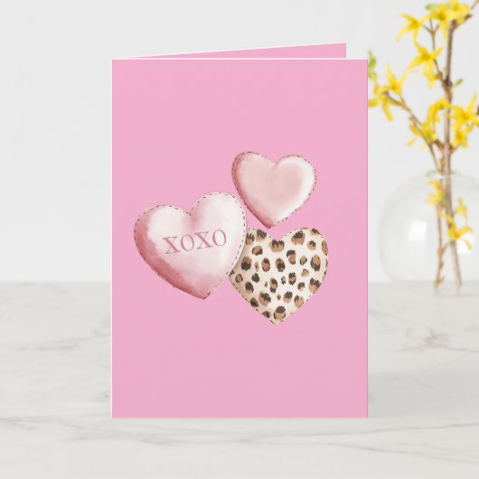 Roze XOXO Leopard Print Hearts Kaart (Gele Bloem)