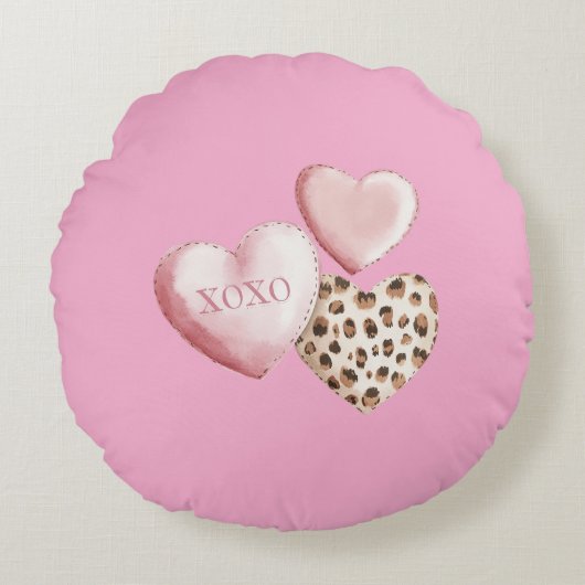 Roze XOXO Leopard Print Hearts Rond Kussen (Voorkant)