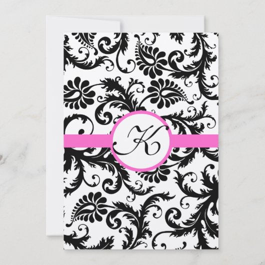 Roze Yarrow en Black Damask Wedding Invitation Kaart (Achterkant)