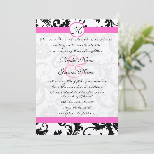 Roze Yarrow en Black Damask Wedding Invitation Kaart (Staand voorkant)