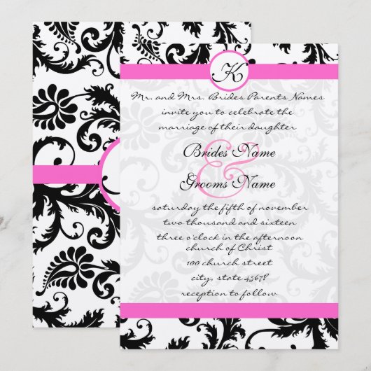 Roze Yarrow en Black Damask Wedding Invitation Kaart (Voorkant / Achterkant)