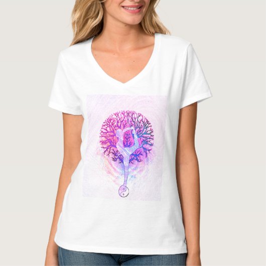 Roze Yoga Tree Vrouw in parelkleuren T-shirt (Voorkant)