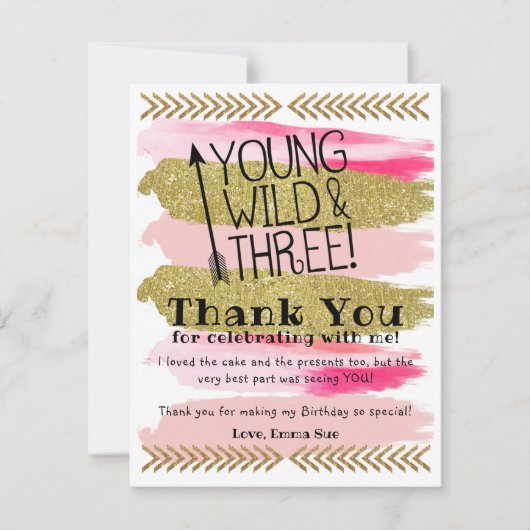 Roze Young Wild & Three Birthday Hartelijk dank Kaart (Voorkant)