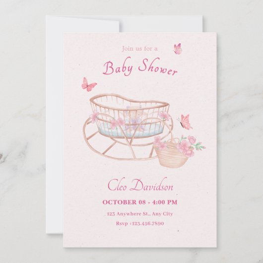 Roze zacht bloemig baby bed baby shower kaart (Voorkant)