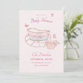 Roze zacht bloemig baby bed baby shower kaart (Staand voorkant)