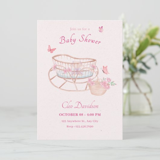Roze zacht bloemig baby bed baby shower kaart (Staand voorkant)