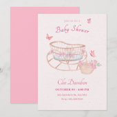 Roze zacht bloemig baby bed baby shower kaart (Voorkant / Achterkant)