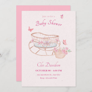 Roze zacht bloemig baby bed baby shower kaart