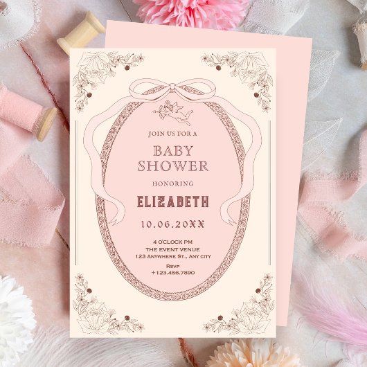 Roze zacht klassiek romantisch baby shower kaart