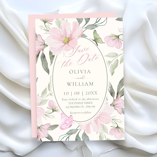 Roze zachte bloem vlinder bruiloft save the date