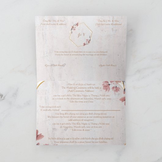 Roze zachte, bloemige trouwkaart (Binnen)