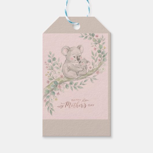 Roze, zachte koalamama en joey cadeaulabel (Voorkant)
