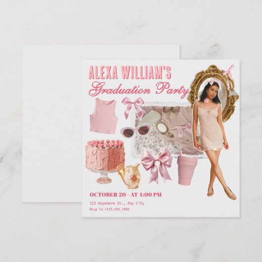 Roze zachte mode collage foto afstudeerfeest kaart (Voorkant / Achterkant)