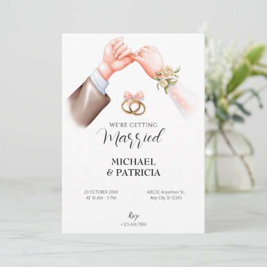 Roze zachte paar ring bruiloft Uitnodiging (Staand voorkant)