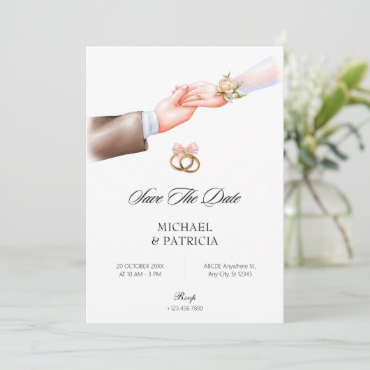 Roze zachte paar ring bruiloft Uitnodiging (Staand voorkant)