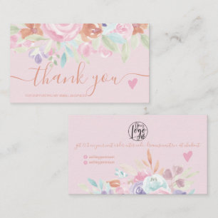 Roze zachte pastel florale waterverf, dank u visitekaartje