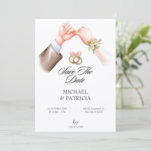 Roze zachte ring huwelijksuitnodiging voor koppels save the date (Staand voorkant)