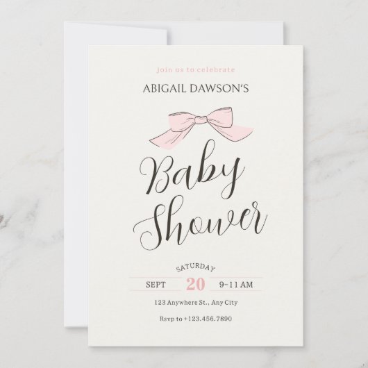 Roze zachte strik baby shower kaart (Voorkant)