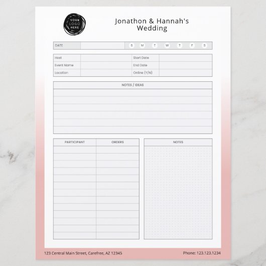 Roze Zakelijk Evenement Planningswerkblad (Voorkant)