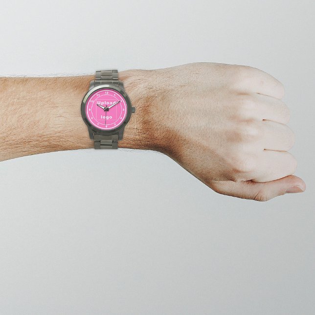 Roze Zakelijk Merk op Mannen Horloge (Your business logo with pink background on men's watch.)