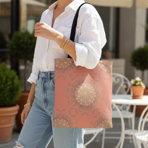 Roze zalm en goudzalm Mandala met diamanten Tote Bag