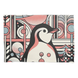 Roze Zalm Pinguïn Kunst in Geometrie Retro Pastel Kussensloop