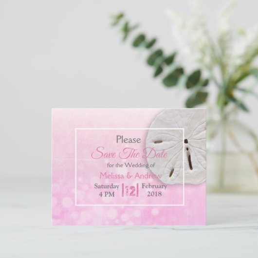 Roze Zand Dollar Thema Bruiloft Save the Date Aankondigingskaart (Staand voorkant)