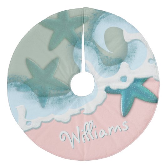 Roze zand Groen Zee Water Blauwgroen Stuitkust Fleece Kerstboom Rok (Voorkant)