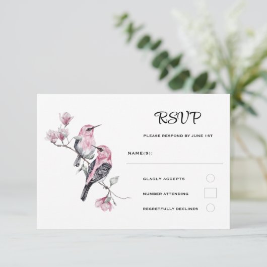 Roze zangvogels op een boomtak bruiloft RSVP kaartje (Staand voorkant)