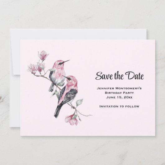 Roze zangvogels op een boomtak save the date (Voorkant)