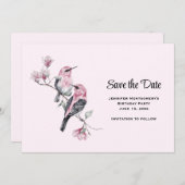 Roze zangvogels op een boomtak save the date (Voorkant / Achterkant)