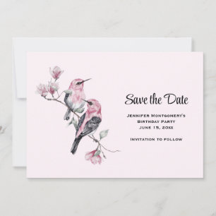 Roze zangvogels op een boomtak save the date