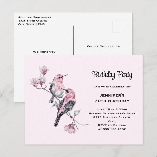 Roze zangvogels op een boomtak Verjaardag Uitnodiging Briefkaart (Voorkant / Achterkant)