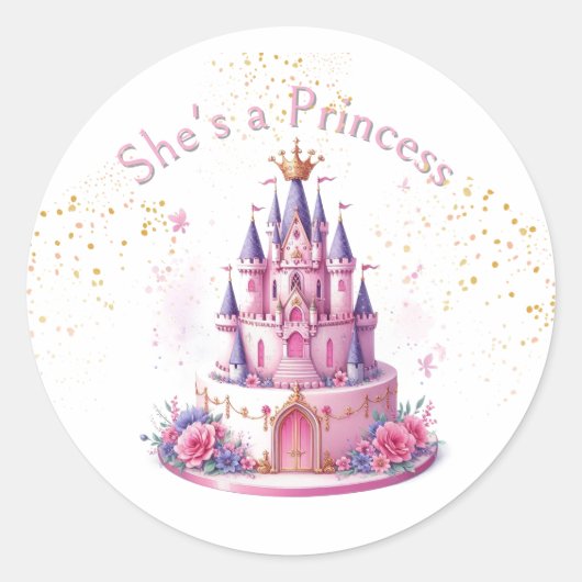 Roze, ze is een prinses kasteel ronde sticker (Voorkant)
