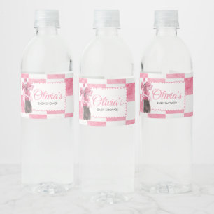 Roze Ze staat op springen Baby Shower Waterfles Etiket