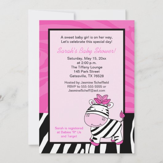 Roze Zebra 5x7 Baby shower Uitnodiging (Voorkant)